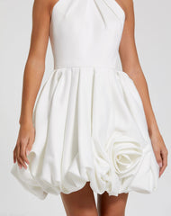 White Halter Neck Bubble Hem Satin Mini Dress
