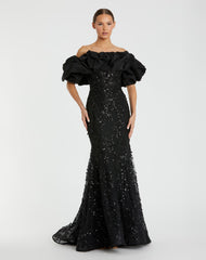 Beaded Mermaid Gown With Off The Shoulder Ruffle