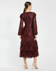 Red Long Sleeve Ruffle Detail Sequin Dress