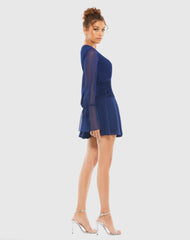 Navy Pleated Bell Sleeve Chiffon Mini Dress