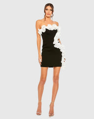 Black and White Strapless Ruffle Detail Mini Dress