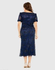 Navy High Neck Puff Sleeve Embellished Dress