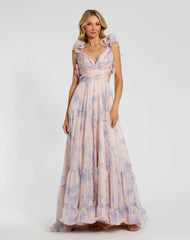 Pink Ruffle Tiered Cut-Out Chiffon Floral Dress