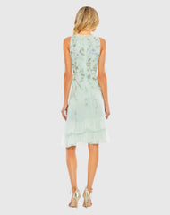 Green Embellished Ruffle Tiered High Neck Floral Dress