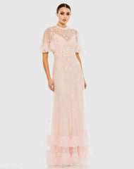 Ruffled Floral Embellished Flutter Sleeve A-Line Gown