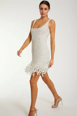White Pearl Beaded Square Neck Mini Dress