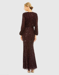 Red High Neck Long Sleeve Beaded Blouson Gown