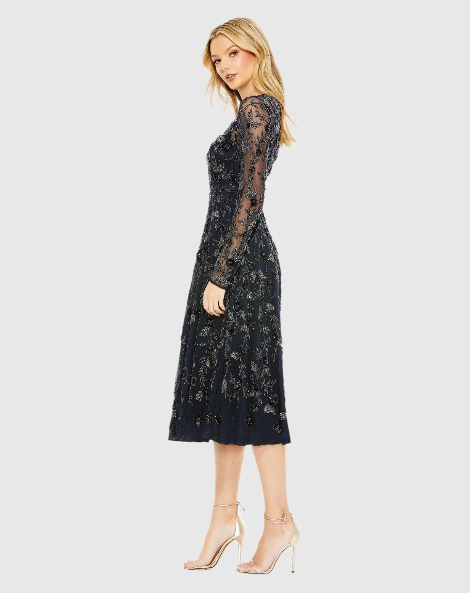 Navy Beaded Illusion High Neck Long Sleeve A Line Dress