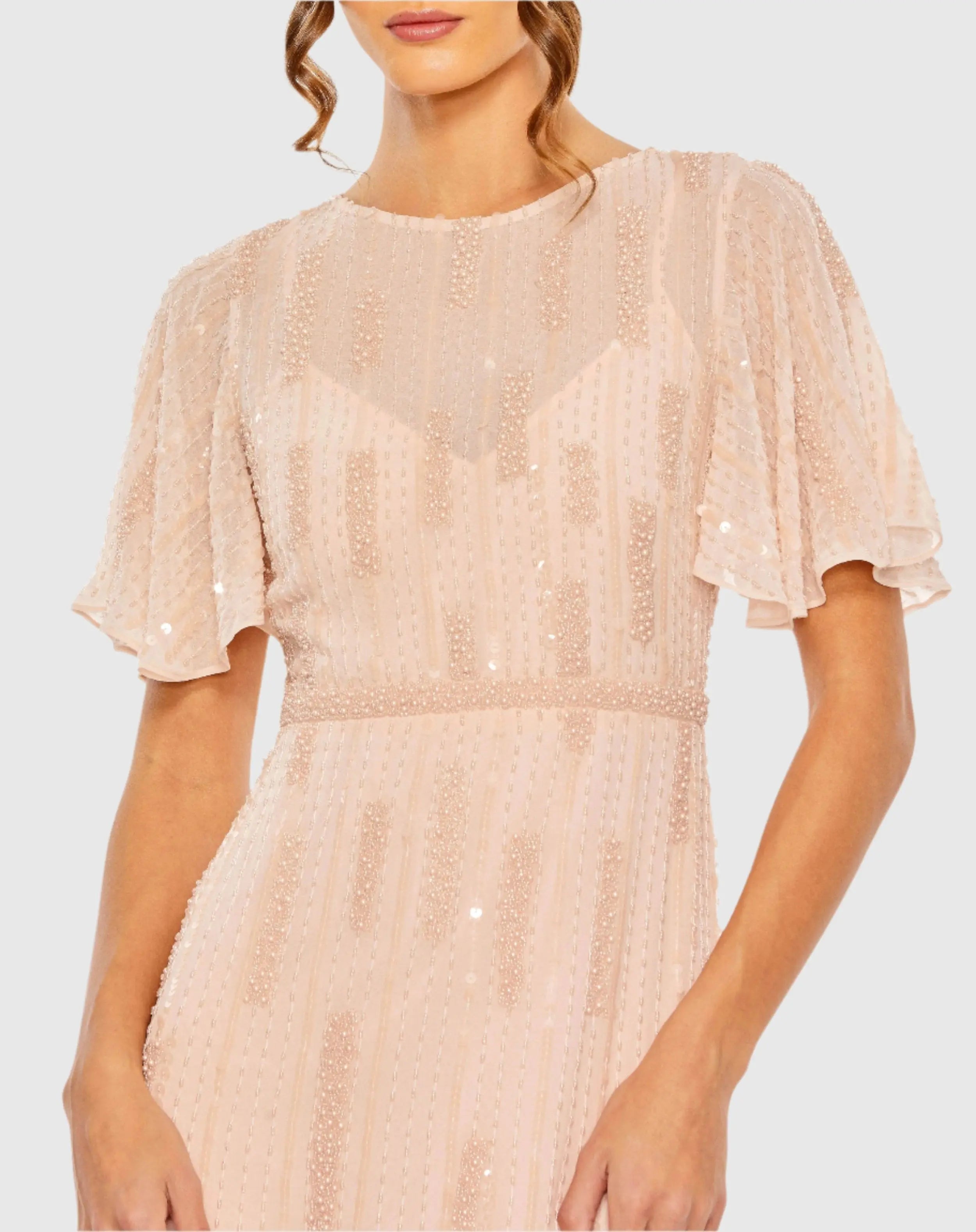 Pink High Neck Flutter Sleeve Embellished Gown