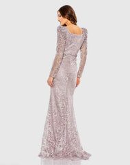Purple Long Sleeve Embroidered Applique Trumpet Gown