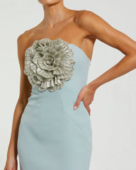 Blue Strapless Crepe Trumpet Gown with 3D Rhinestone Flower