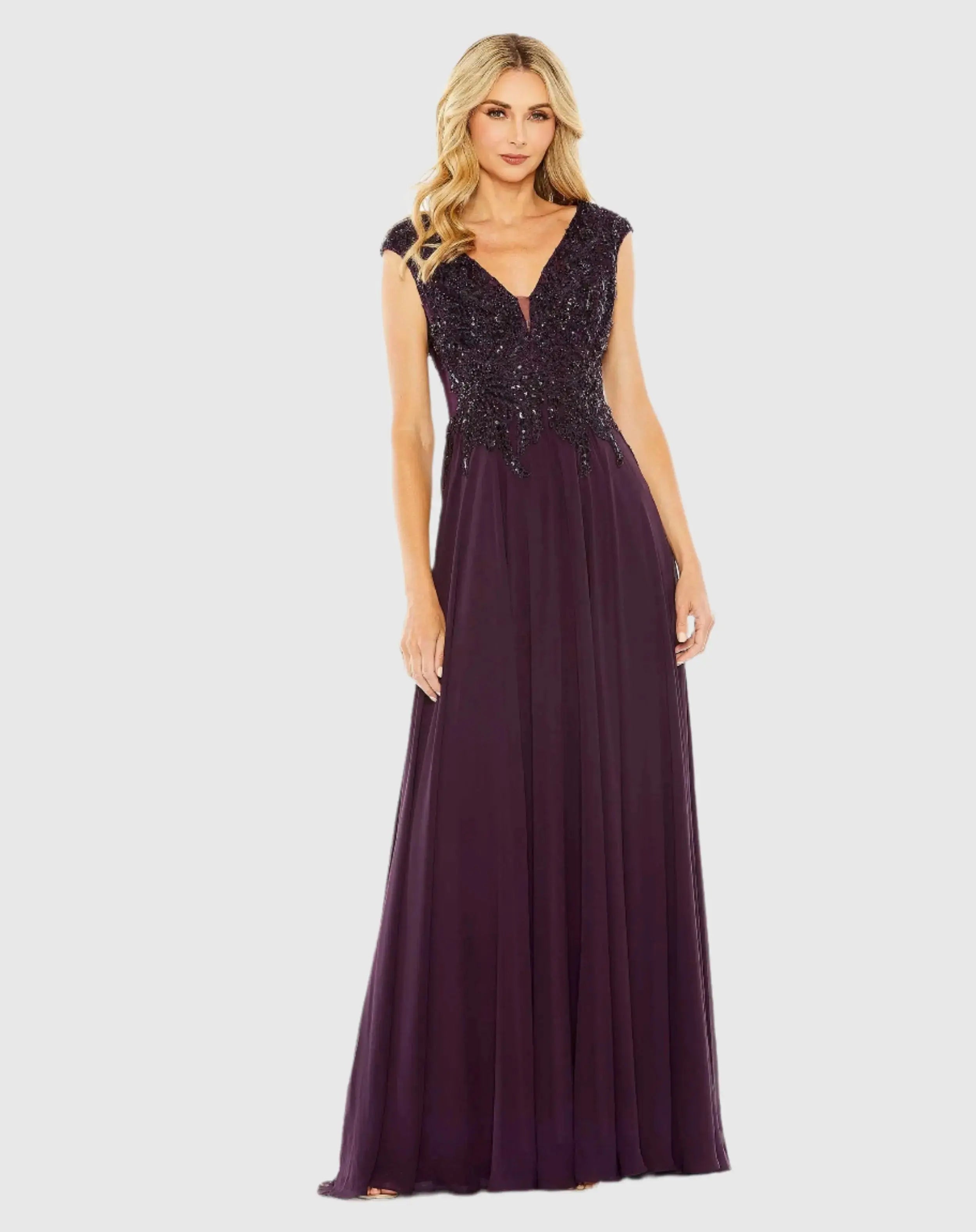 Applique Cap Sleeve Bodice Flowy Gown