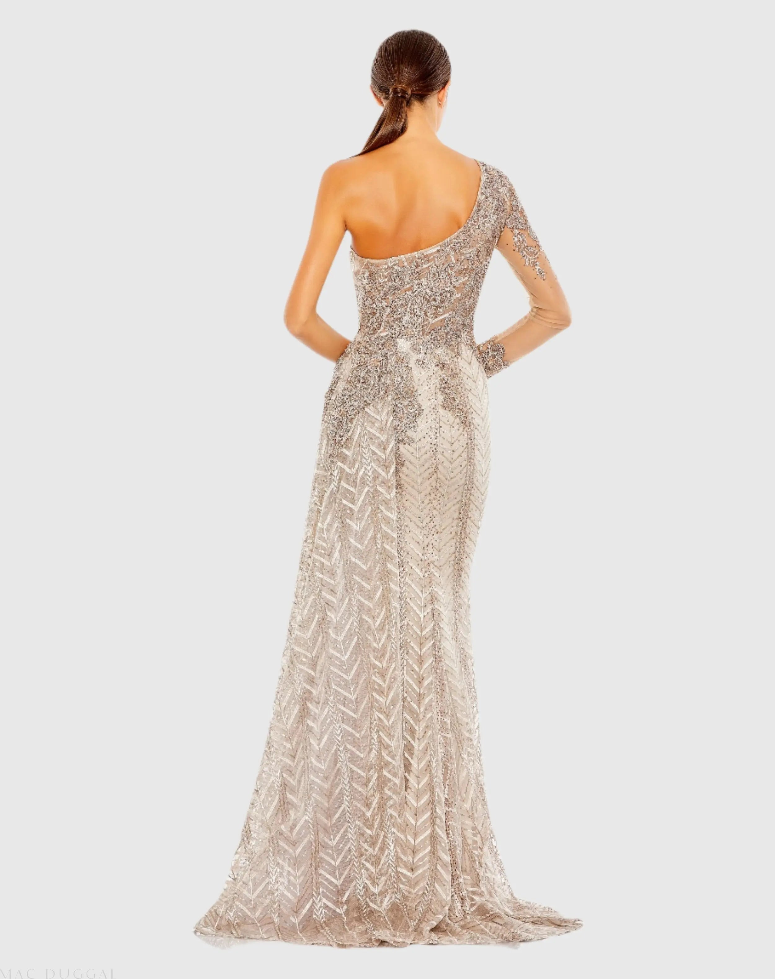 Beige Embellished One Shoulder A Line Gown
