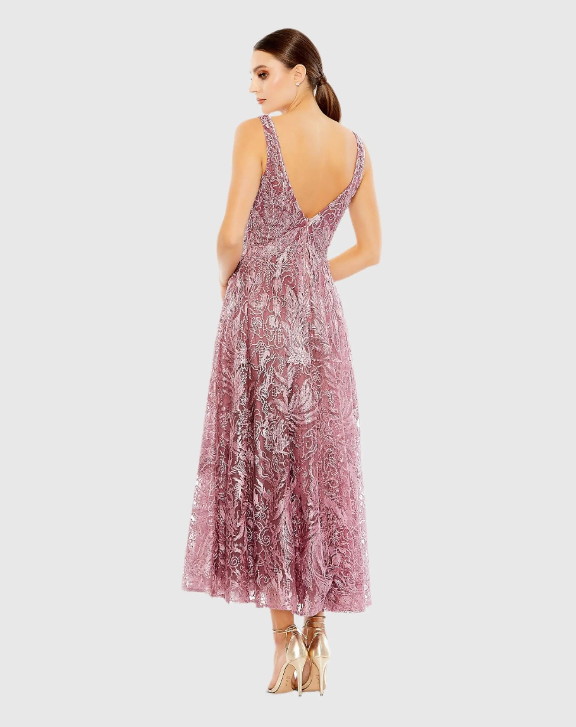 Purple V-Neck Low Cut Back Floral Embroidered A-Line Dress