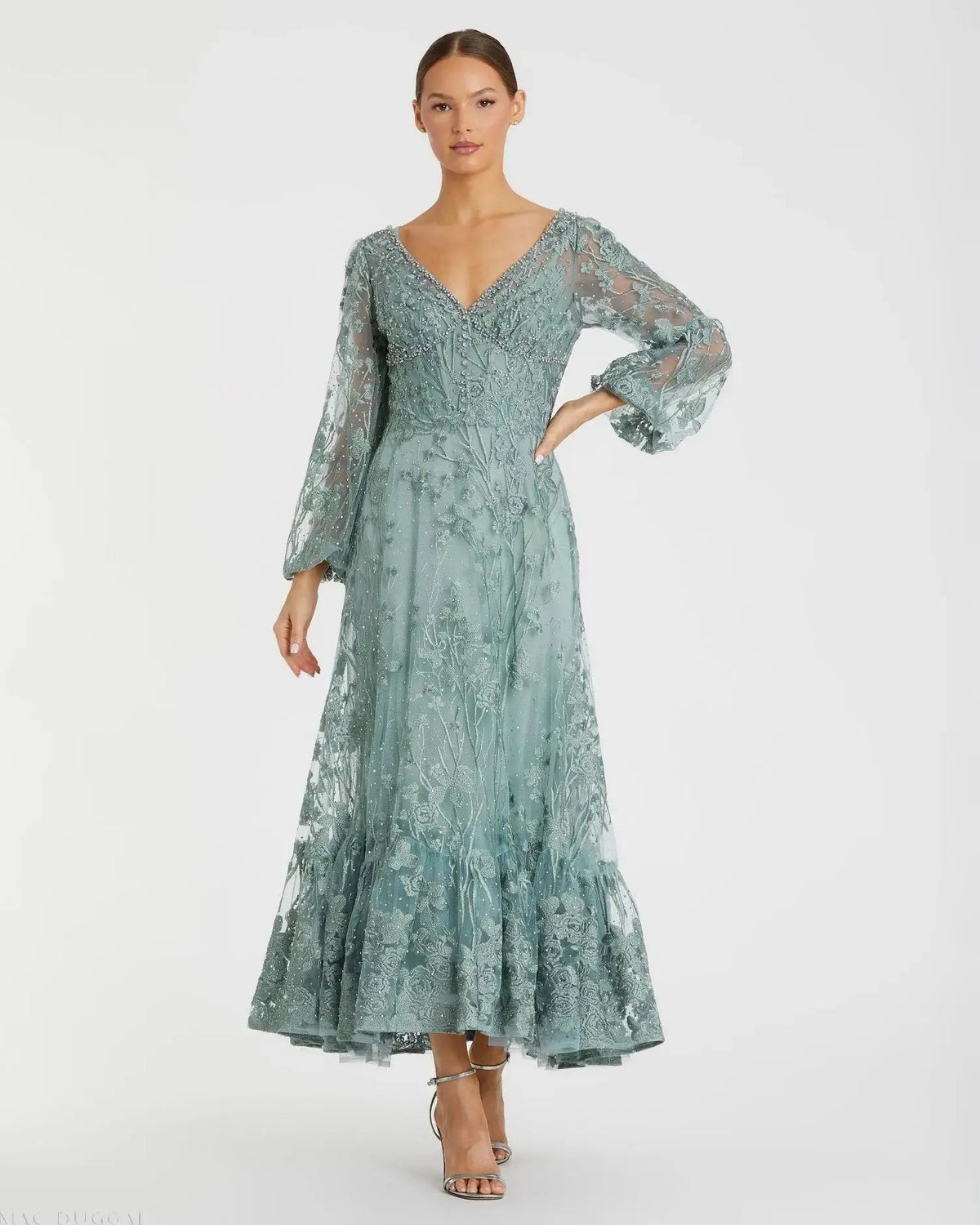 V-Neck Mesh Puff Sleeve A Line Embellished Tea Length Dress