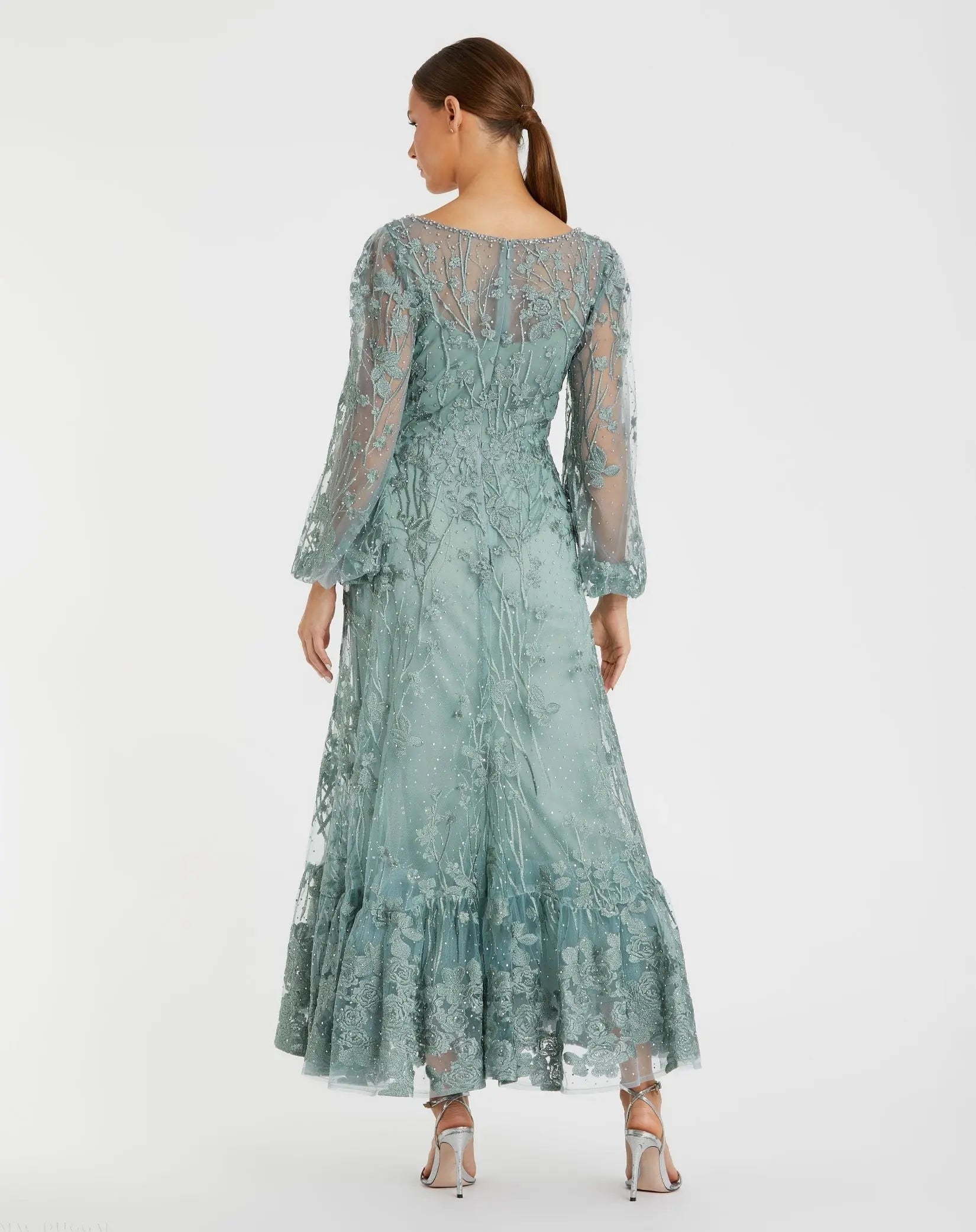 Green V-Neck Embroidered A-line Tea Length Dress