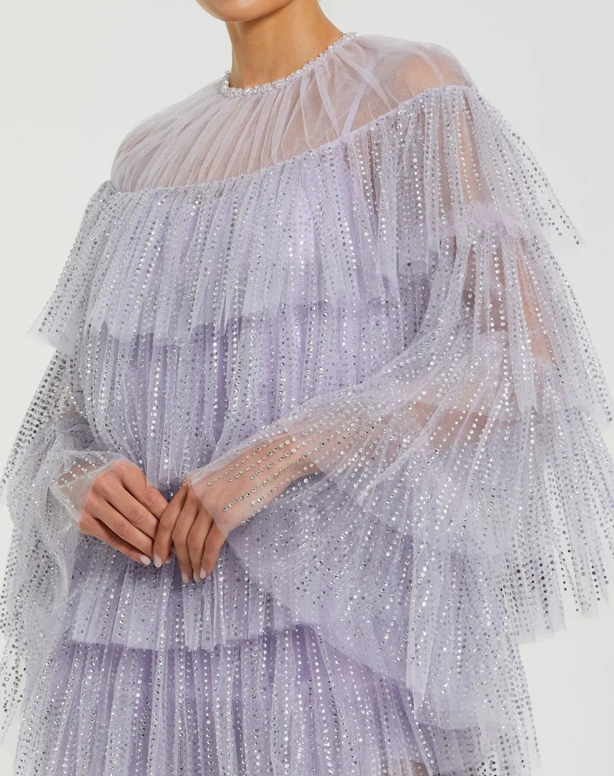 Purple Embellished High Neck Ruffle Mini Dress