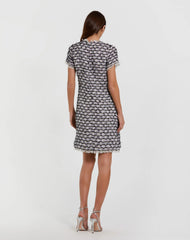 Black Multicolor Cap Sleeve Floral Button Detail Shift Dress