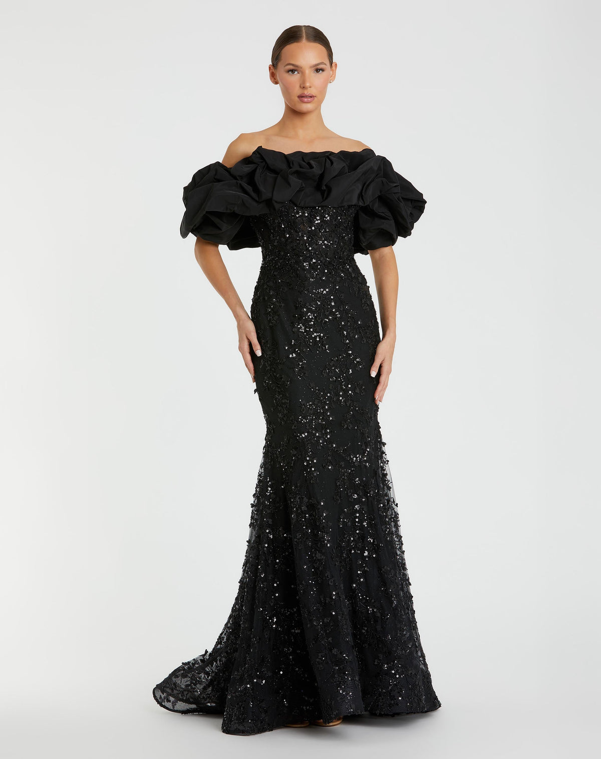 Beaded Mermaid Gown With Off The Shoulder Ruffle