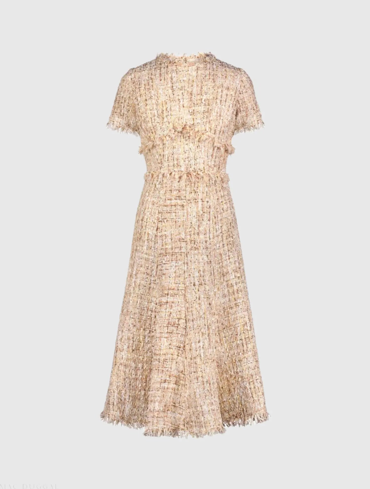 Beige Boucle Short Sleeve A Line Midi Dress