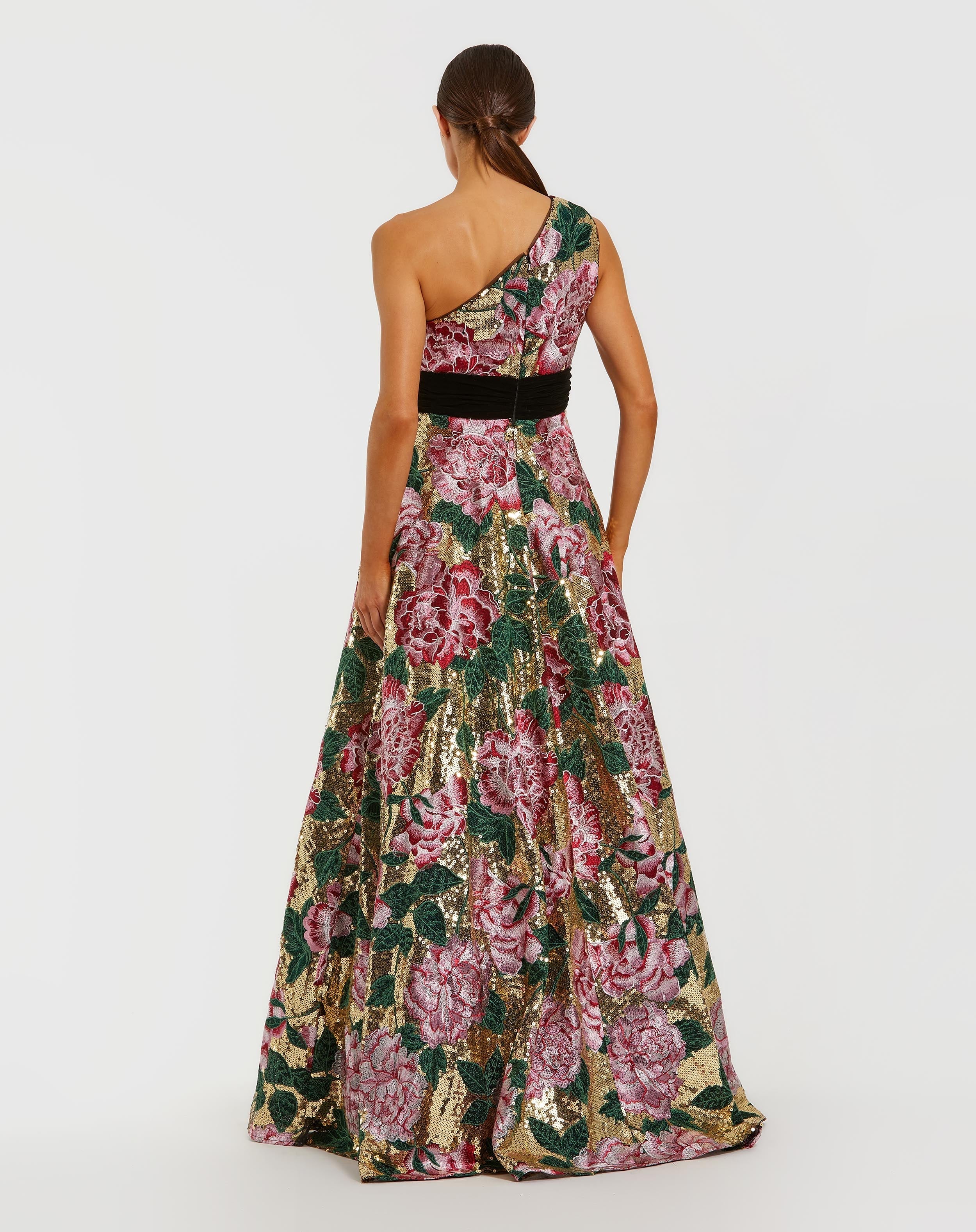 Multicolor One Shoulder Sequin Ball Gown With Velvet Bow