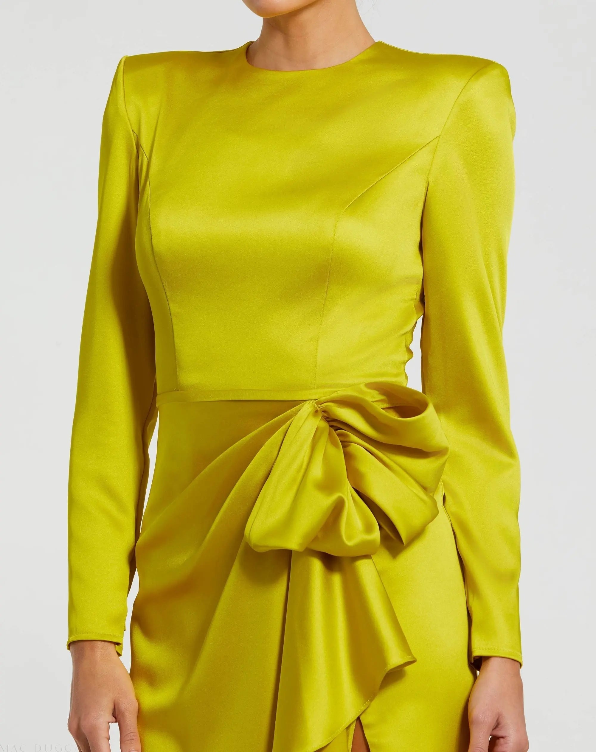 Green Long Sleeve Satin Structured Bow Draped Column Gown