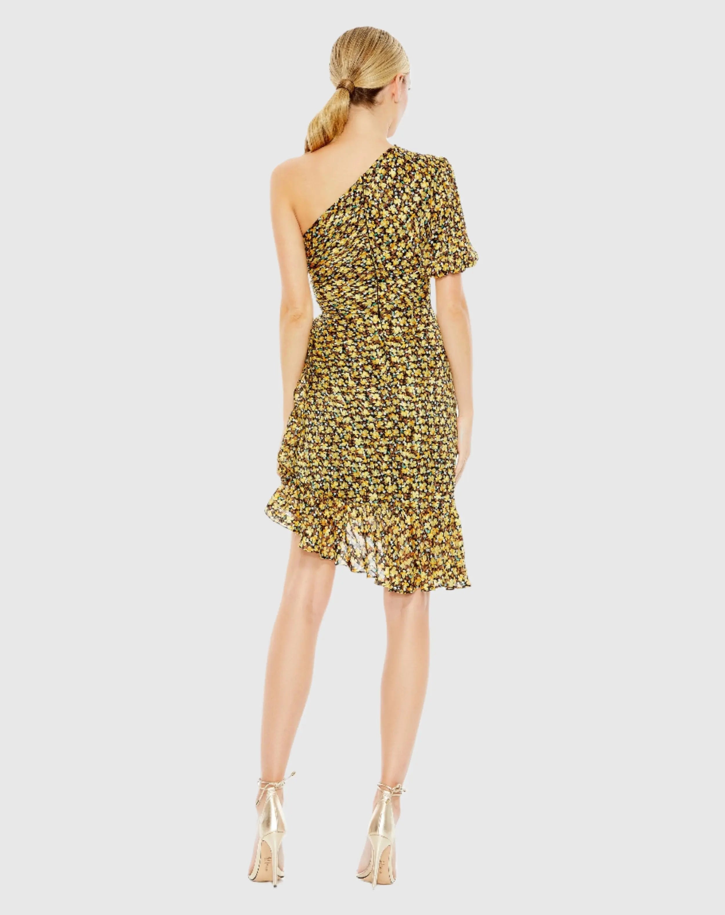 Black Floral Print Draped One Sleeve Ruffled Hem Dress