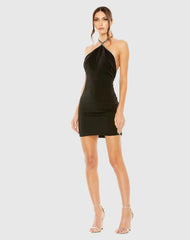 Black Rhinestone Detailed Low Back Halter Mini Dress