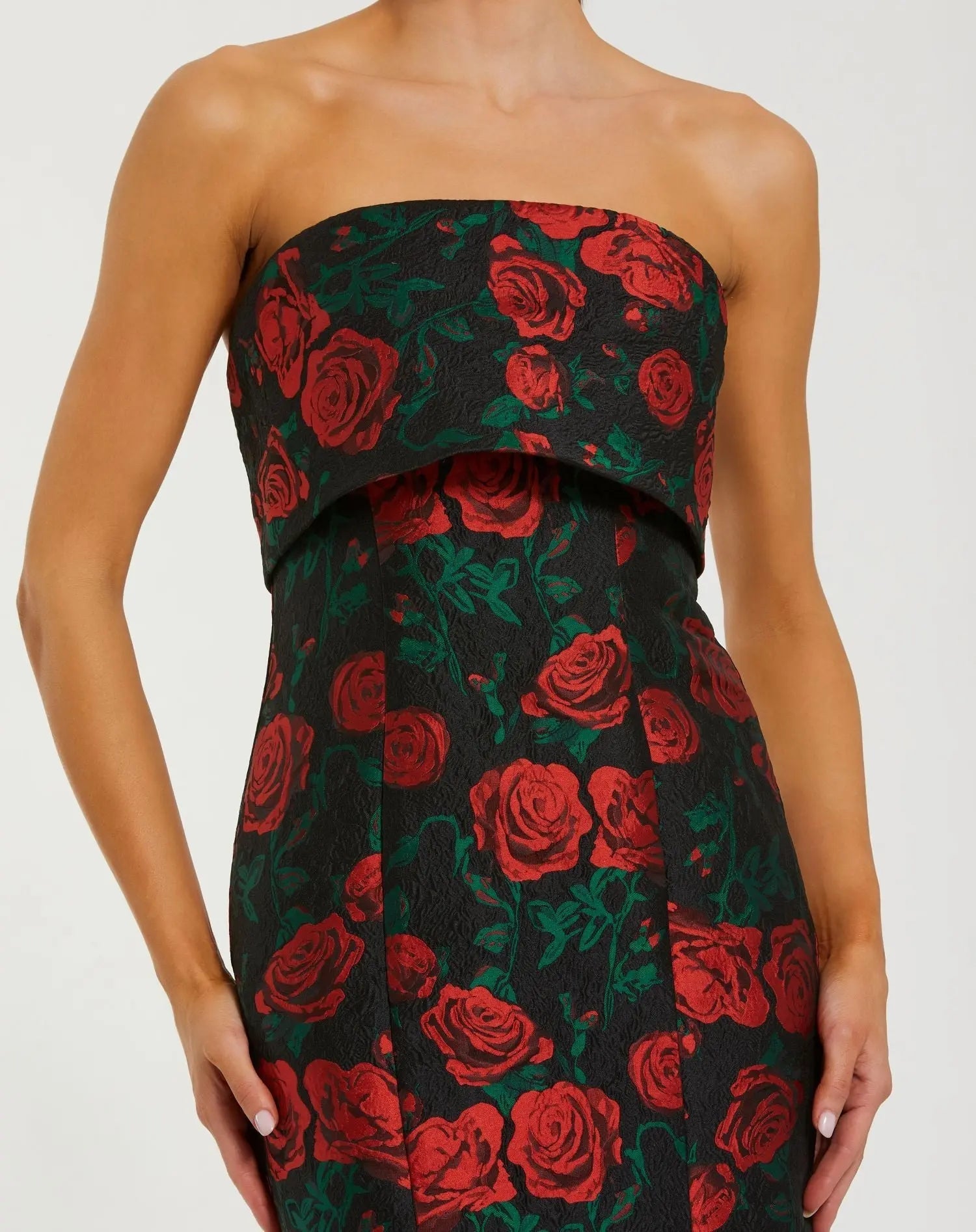 Black Strapless Floral Brocade Mermaid Gown