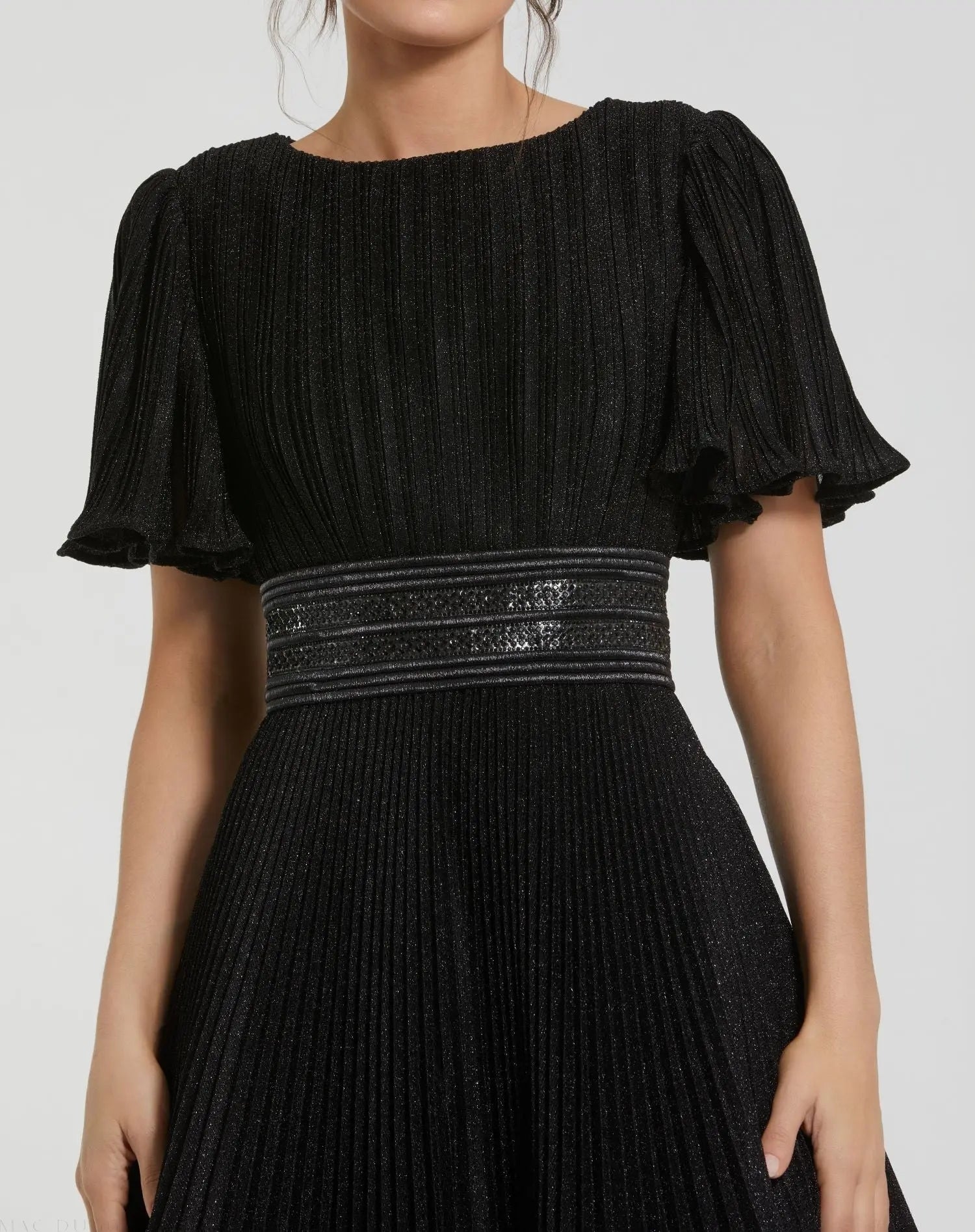 Black Pleated Shimmering Flutter Sleeve Ball Gown