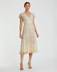 Embroidered V Neck Cap Sleeve Midi Dress