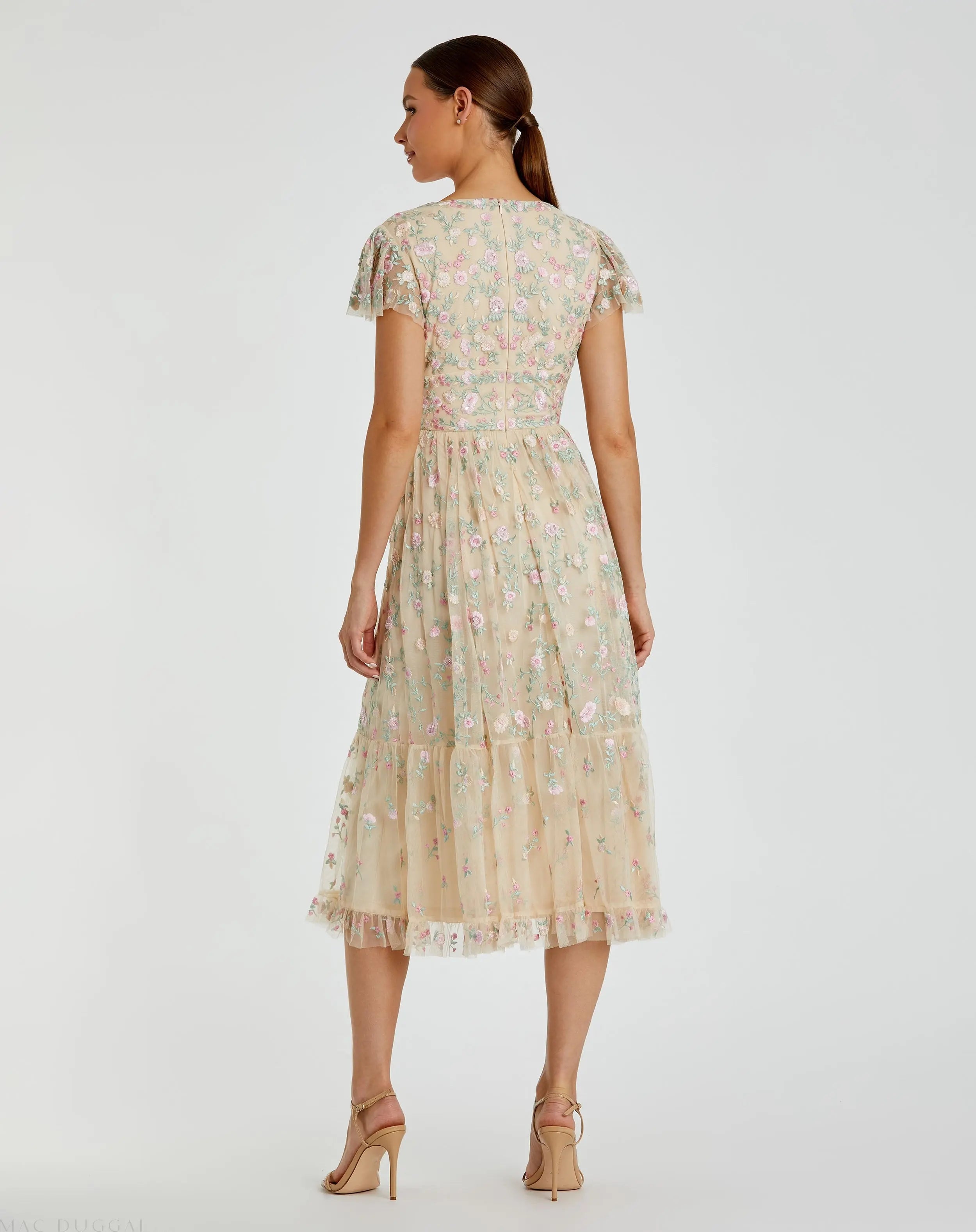 Beige Multicolor Embroidered V Neck Cap Sleeve Midi Dress - FINAL SALE