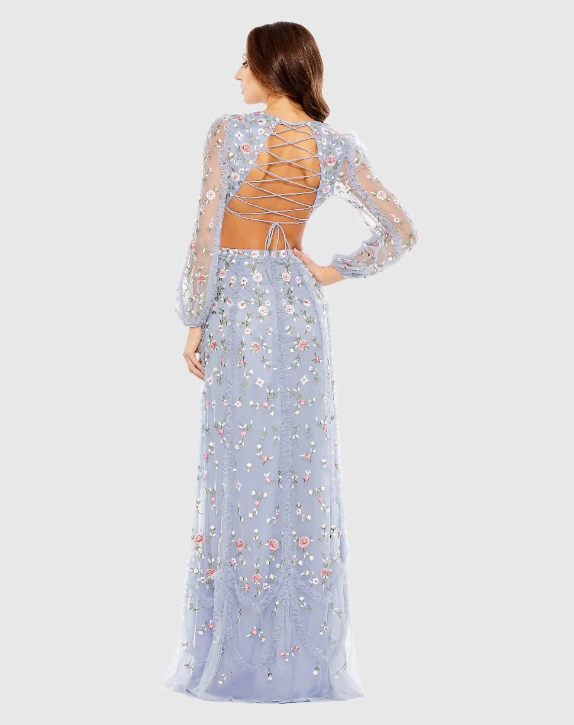 Purple Long Sleeve Embellished Cut Out A-Line Gown