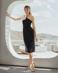 Black One Shoulder Boucle Midi Dress With 3D Flower