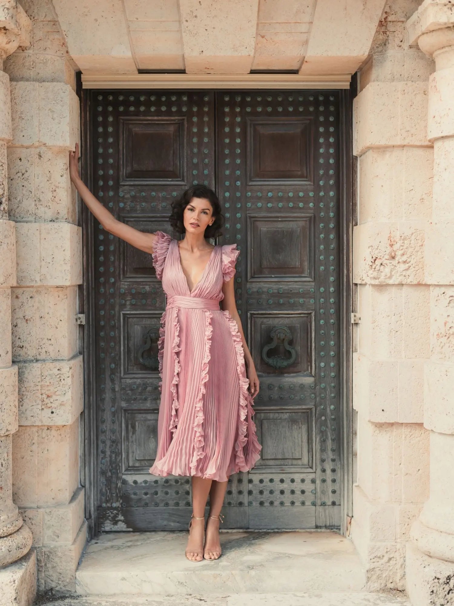 Pink Pleated Chiffon V Neck Ruffle Midi Dress