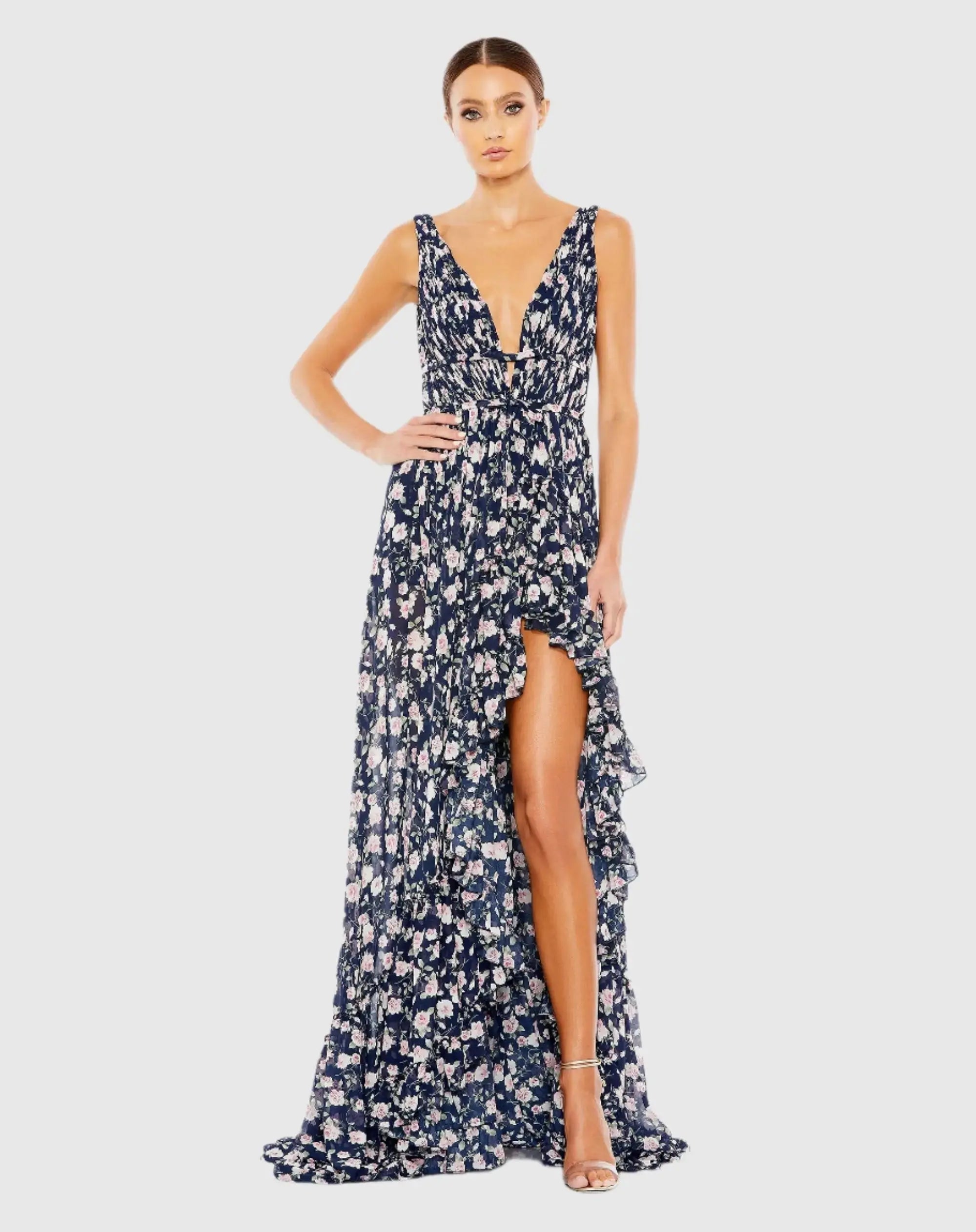 Multicolor Floral Print Sleeveless Ruffled High-Low Gown