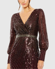 Red Sequined Wrap Over Bishop Sleeve Gown