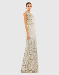 White and Silver Embellished V Neck Cap Sleeve Sequin Gown