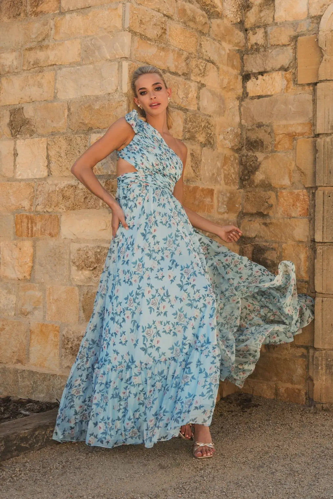 Blue Floral Chiffon One Shoulder Gown