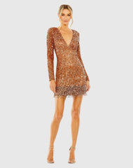 Orange V Neck Long Sleeve Sequin Dress with Fringe Detail