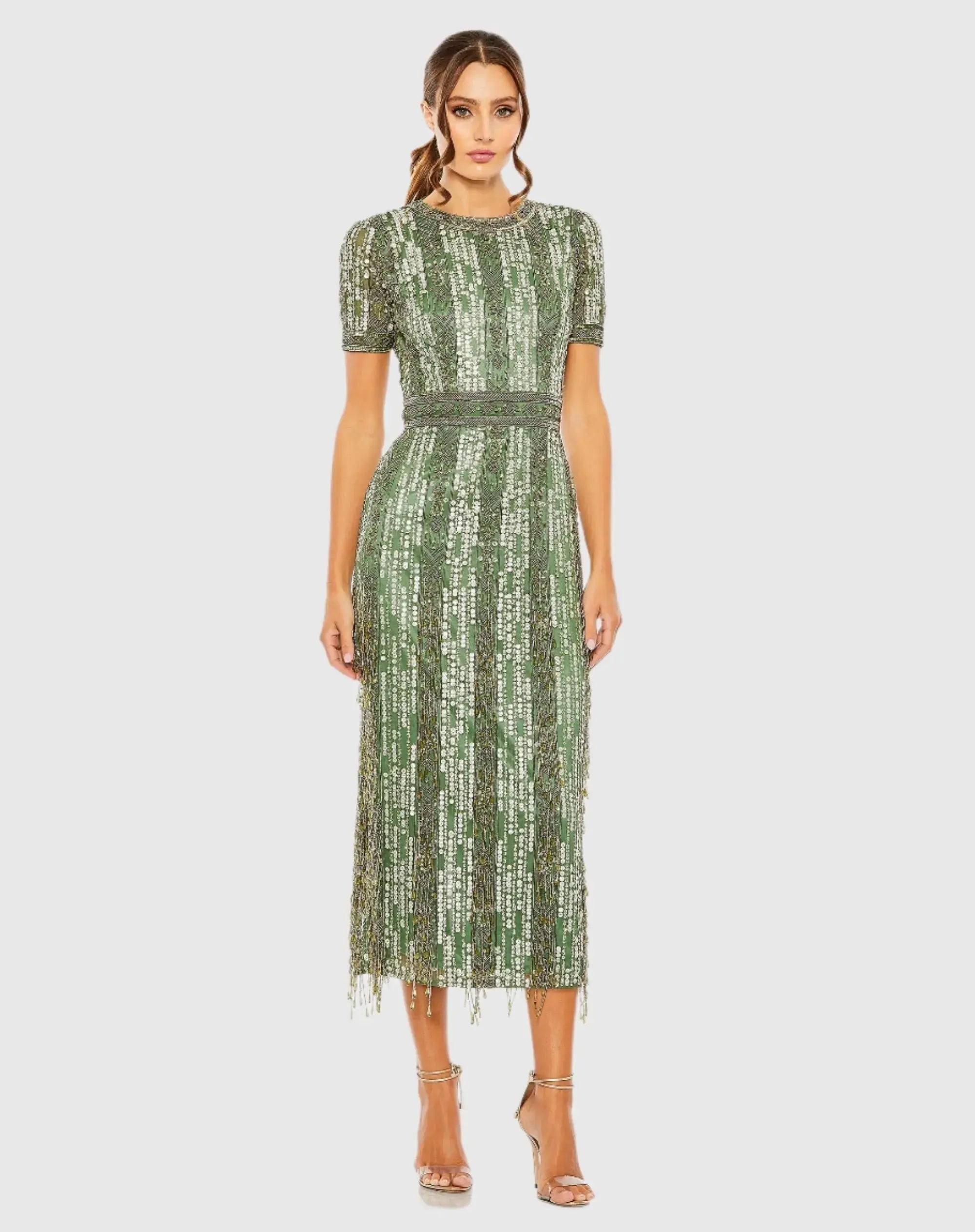 High Neck Short Sleeve Crystal Fringe Sheath Dress