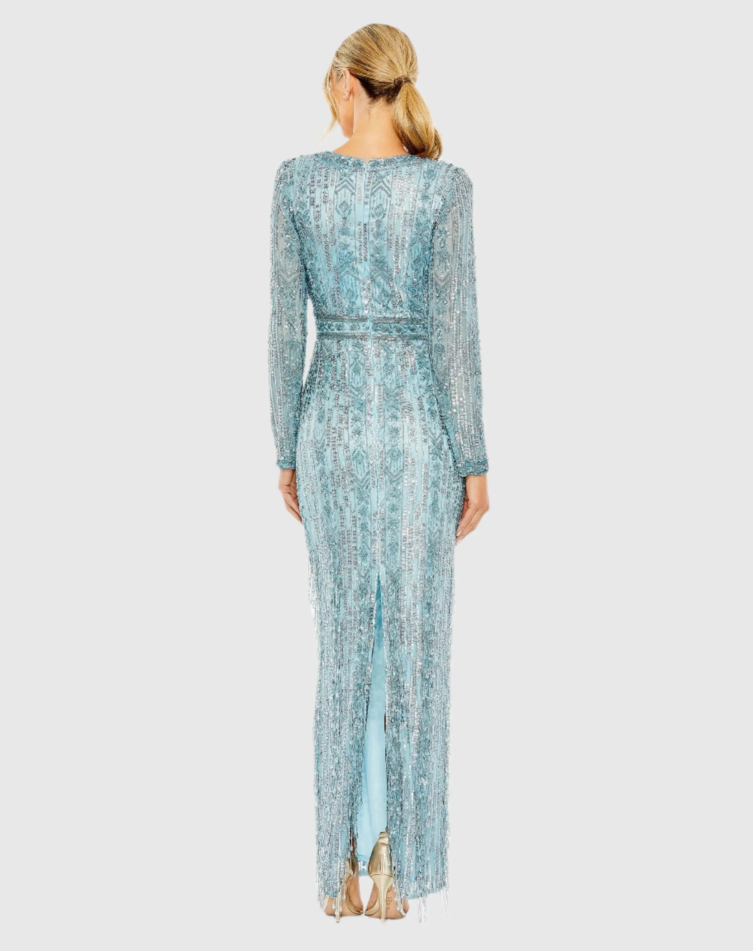 Blue Long Sleeve Beaded Gown with Crystal Fringe