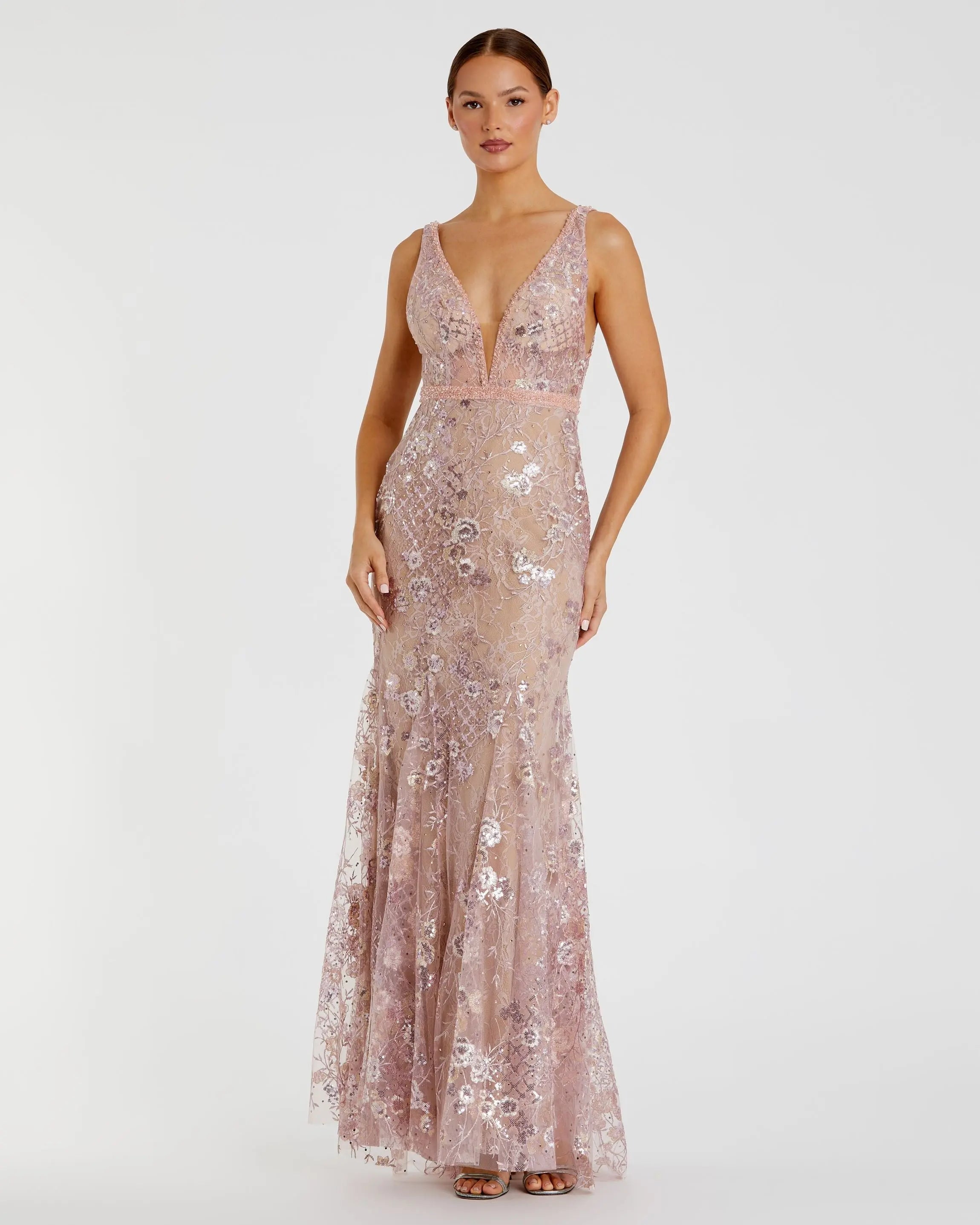 Floral Embellished Sleeveless Plunge Neck Gown