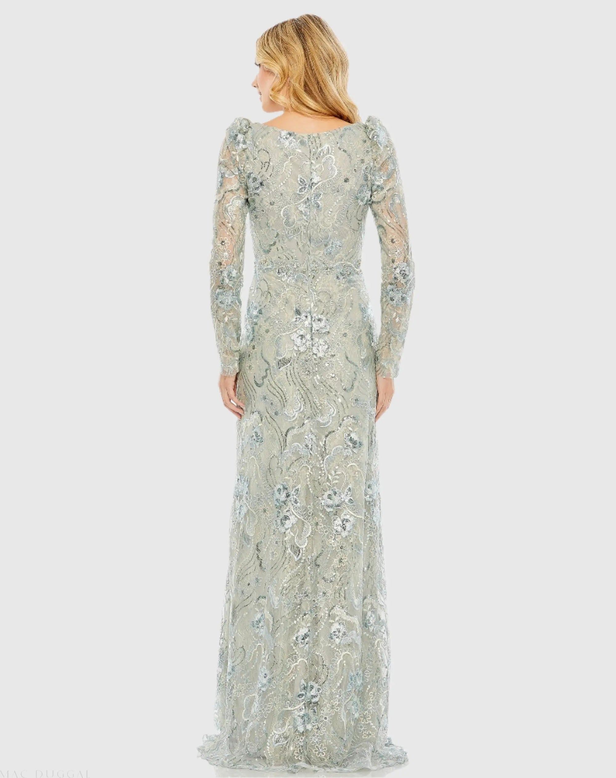 Green Embroidered Wrap Over Puff Sleeve Trumpet Gown