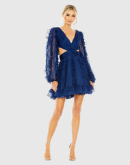 Navy V-Neck Long Puff Sleeve Ruffle Dress