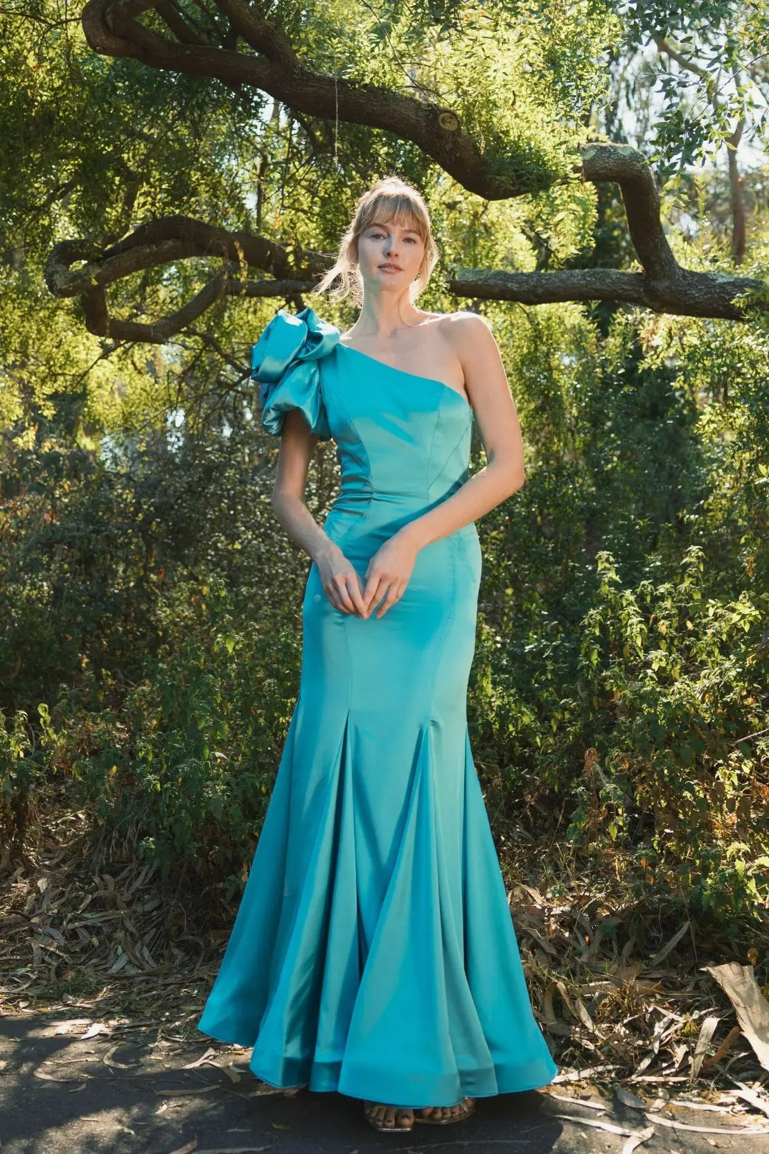 Green One Shoulder Bustier Satin Mermaid Gown