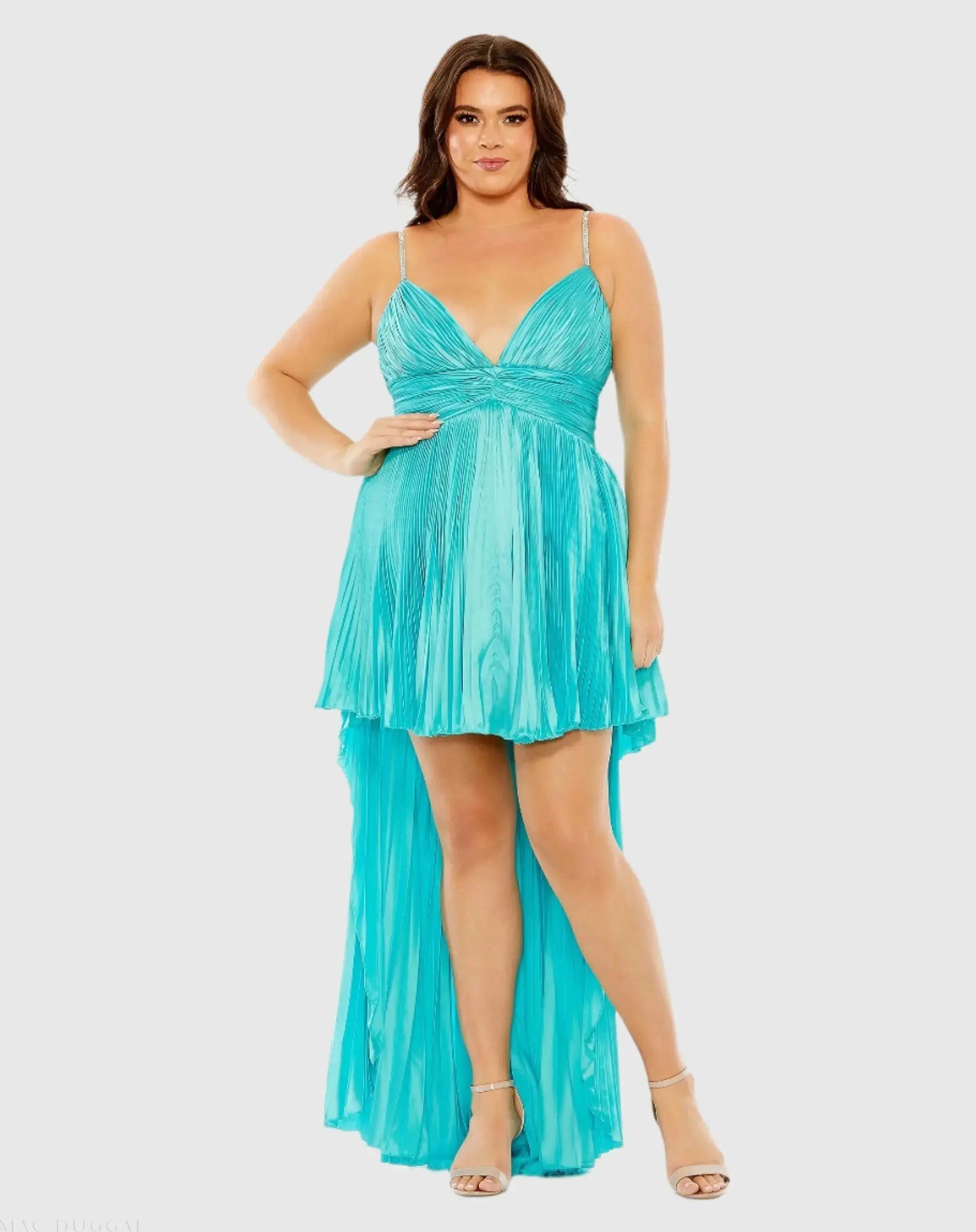 Rhinestone High Low Pleated Gown