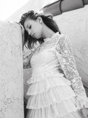White Embroidered Long Sleeve Ruffled Tiered Dress