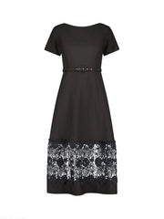 Black Crepe Boat Neck Midi Dress With Belt