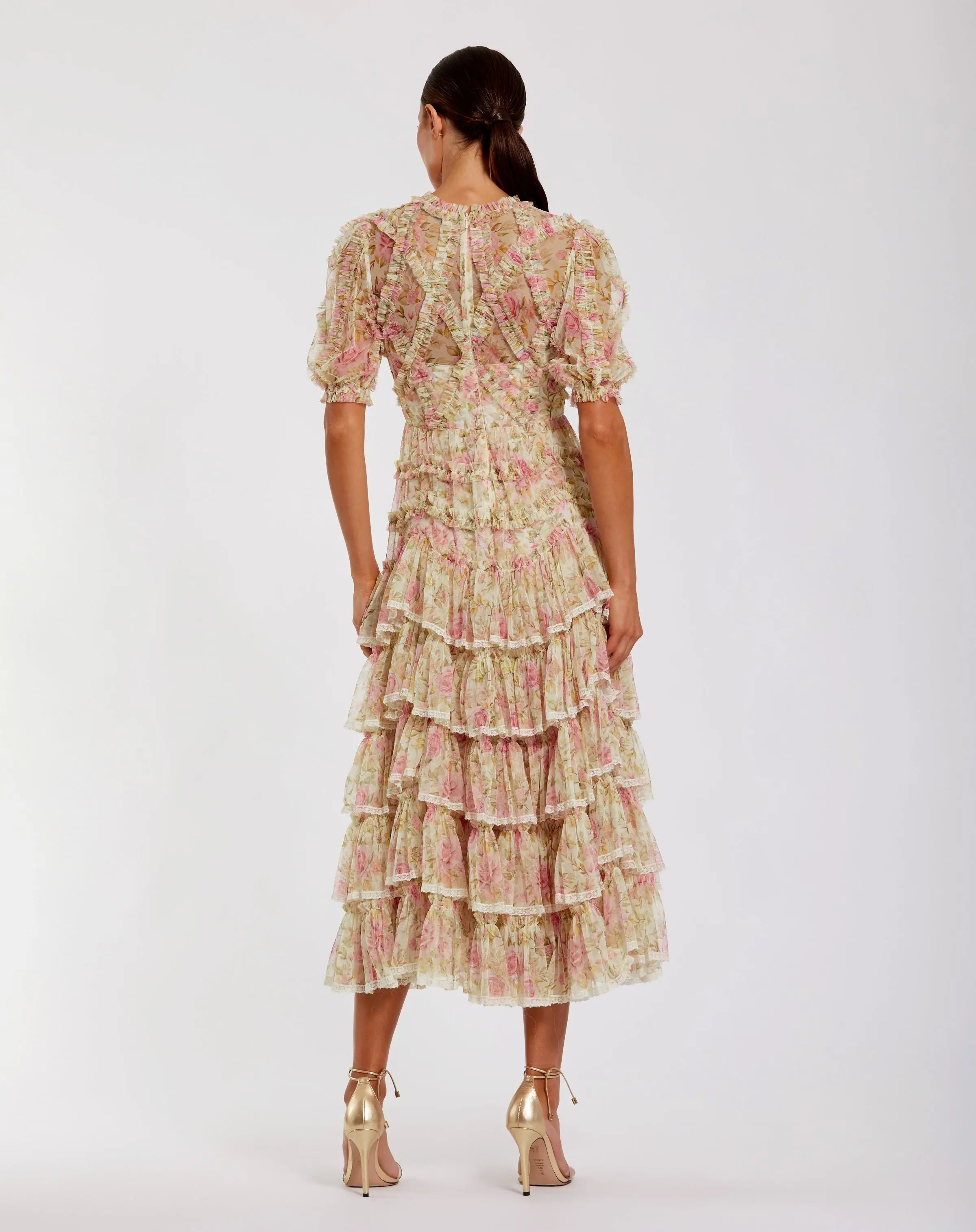 Beige Floral High Neck Midi Dress with Lace Trim